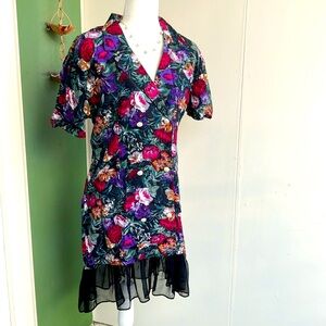 Vintage 80s 90s Moody Floral Tulle Hem Dress